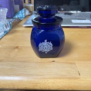 Vintage Cobalt Blue Glass CoveredJar with “Partridge in a Pear Tree” Silkscreen